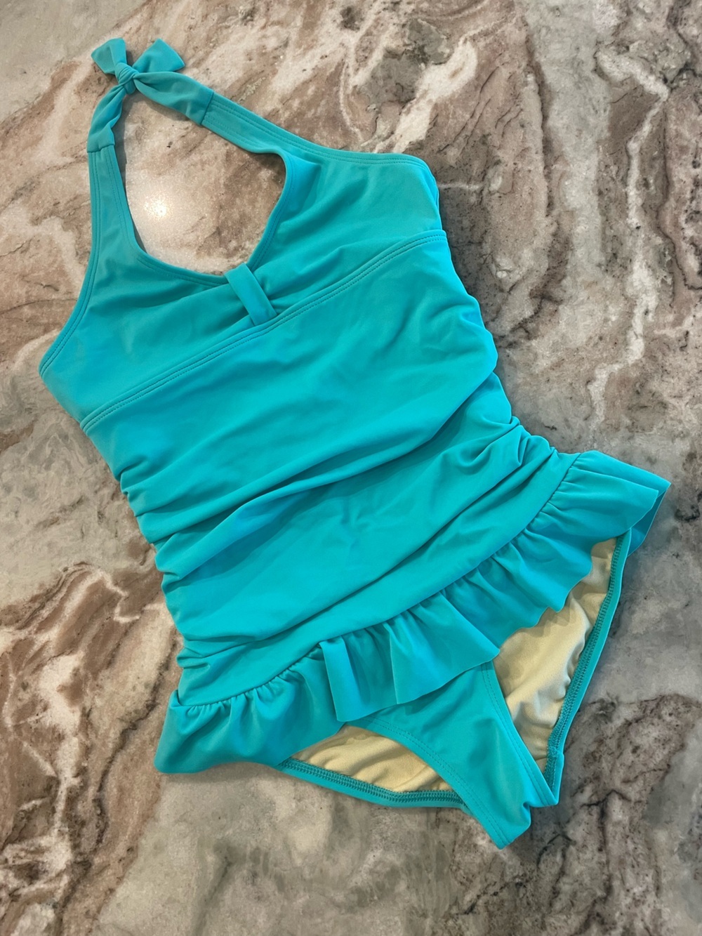 Lands End Girls Swimsuit One Piece Halter Ruffle Skirt Size 10 Teal